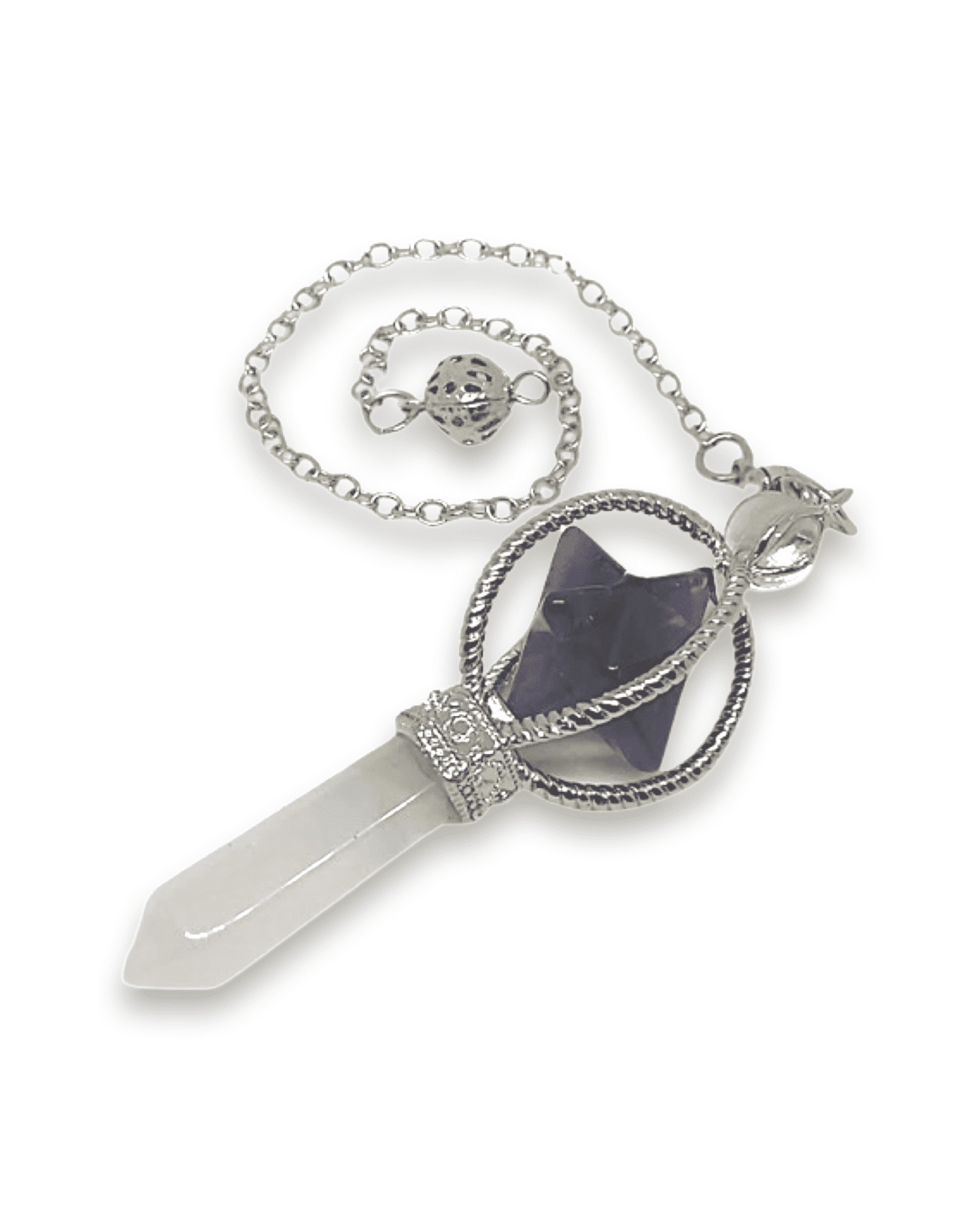 Crystal Pendulum Amethyst Merkabah Cage w Quartz Point