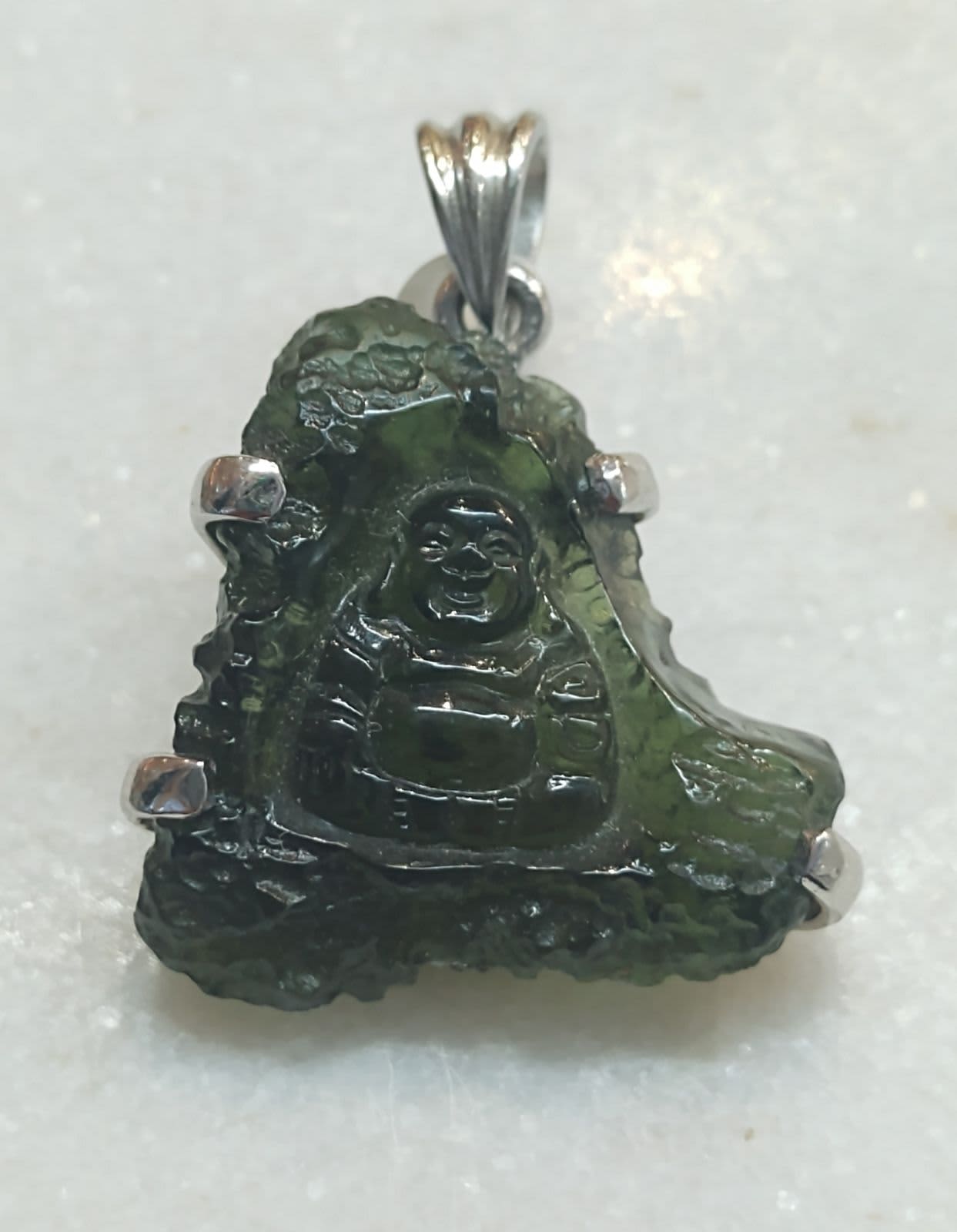 Moldavite Happy Buddha Carved Pendant