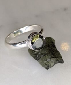 Moldavite Faceted Round Bezel Set Ring s8