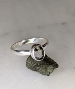 Moldavite Faceted Oval Bezel Set Ring s9.5