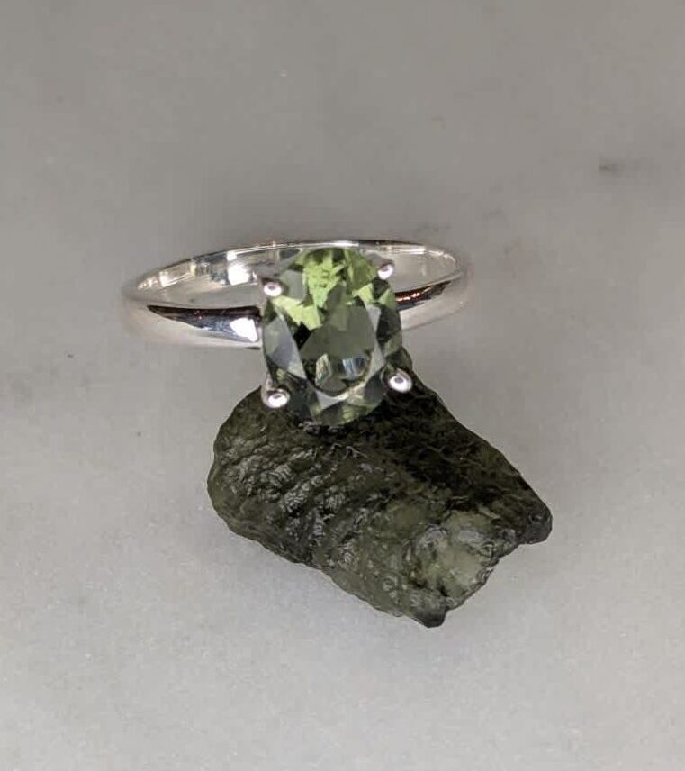 Moldavite Faceted Oval Claw Set Ring s6