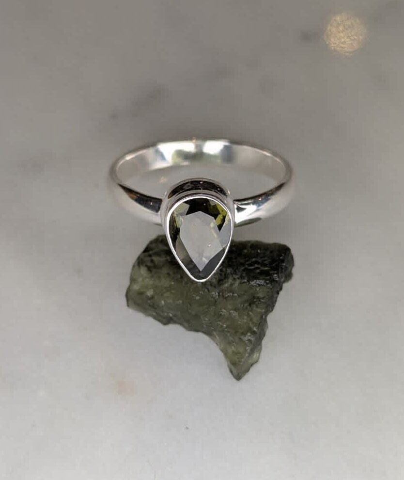 Moldavite Faceted Trillion Bezel Set Ring s7