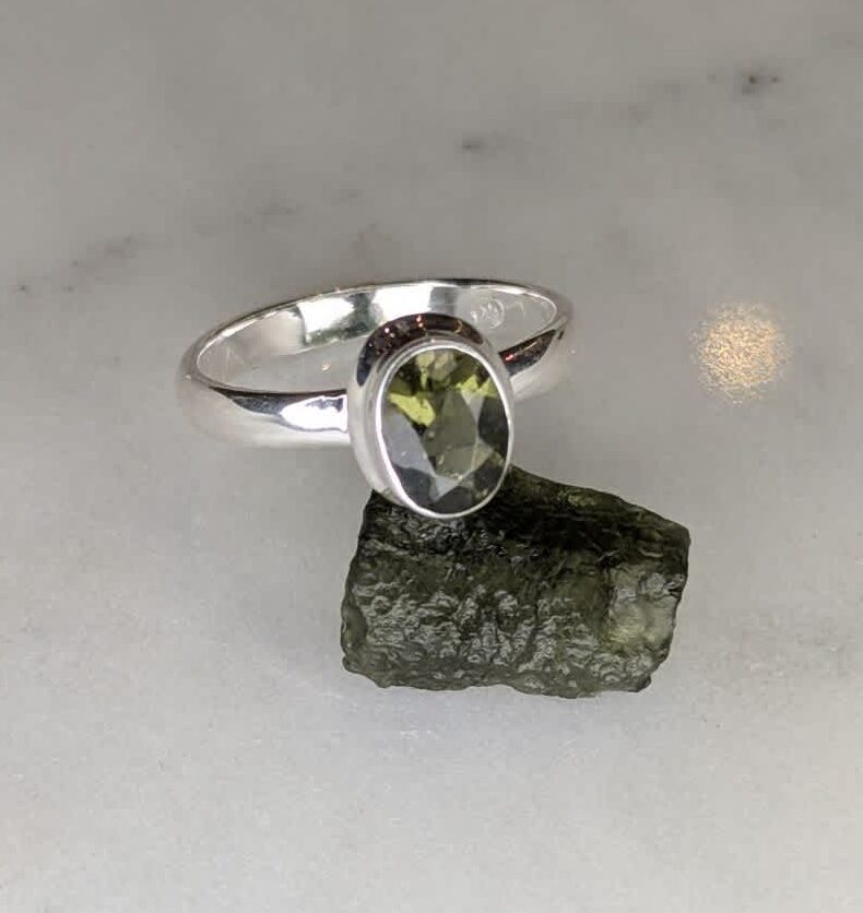 Moldavite Faceted Oval Bezel Set Ring s7