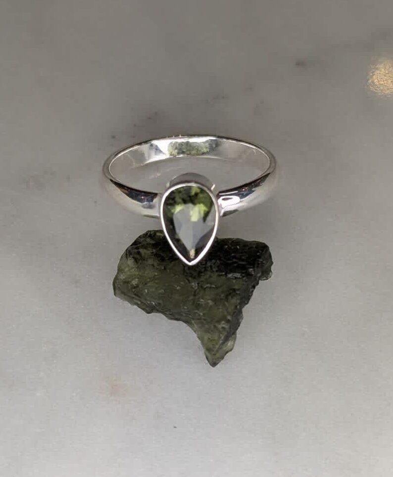 Moldavite Faceted Teardrop Bezel Set Ring s7.5