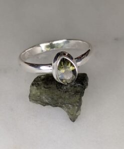Moldavite Faceted Teardrop Bezel Set Ring s9.5