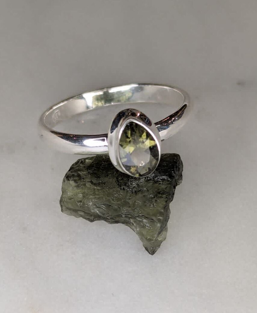 Moldavite Faceted Teardrop Bezel Set Ring s9.5