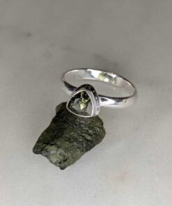 Moldavite Faceted Trillion Bezel Set Ring s6.5