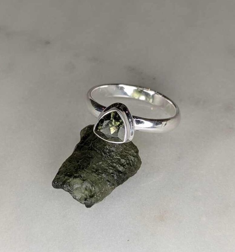 Moldavite Faceted Trillion Bezel Set Ring s6.5