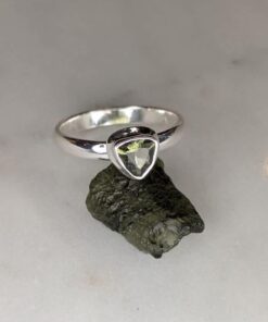 Moldavite Faceted Trillion Bezel Set Ring s7.5