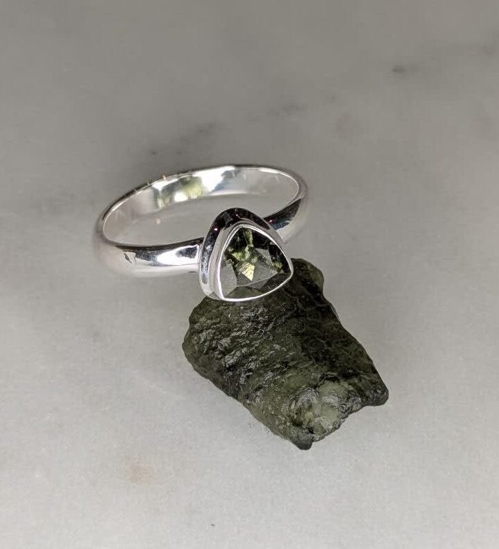Moldavite Faceted Trillion Bezel Set Ring s8