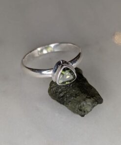 Moldavite Faceted Trillion Bezel Set Ring s8.5