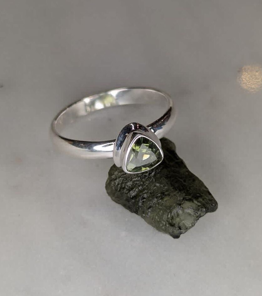 Moldavite Faceted Trillion Bezel Set Ring s8.5
