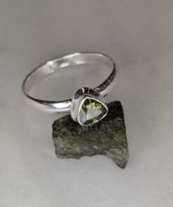 Moldavite Faceted Trillion Bezel Set Ring s9.5