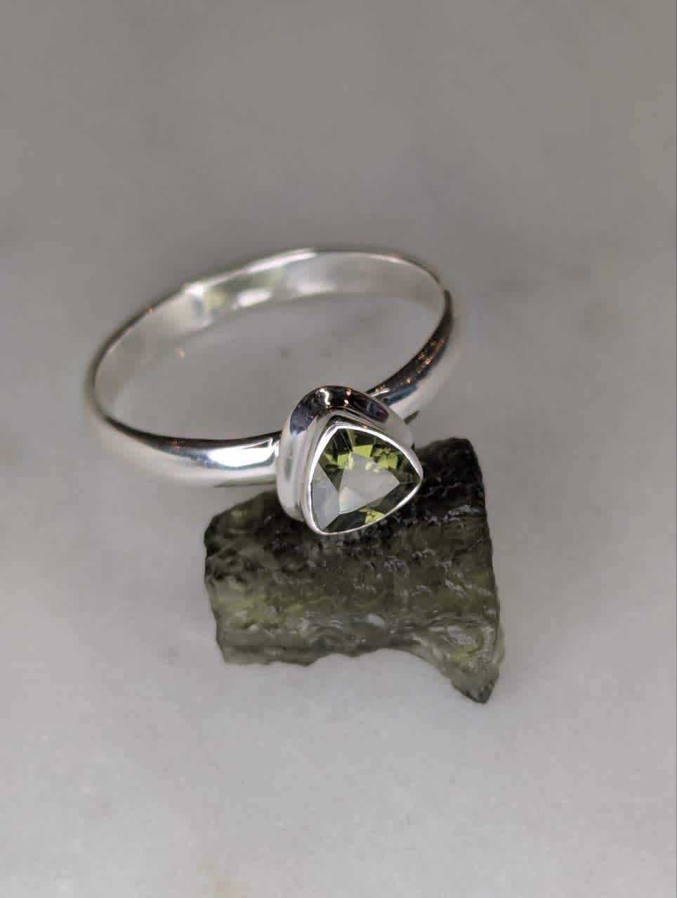 Moldavite Faceted Trillion Bezel Set Ring s9.5