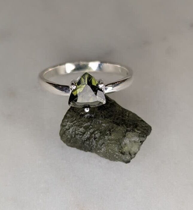 Moldavite Faceted Trillion Claw Set Ring s6