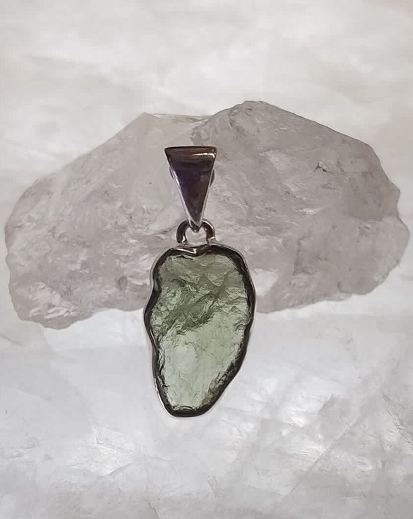 Moldavite Raw Organic Pendant Bezel Set