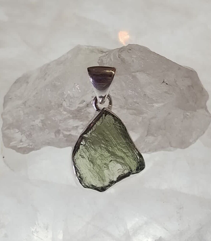 Moldavite Raw Organic Pendant Bezel Set