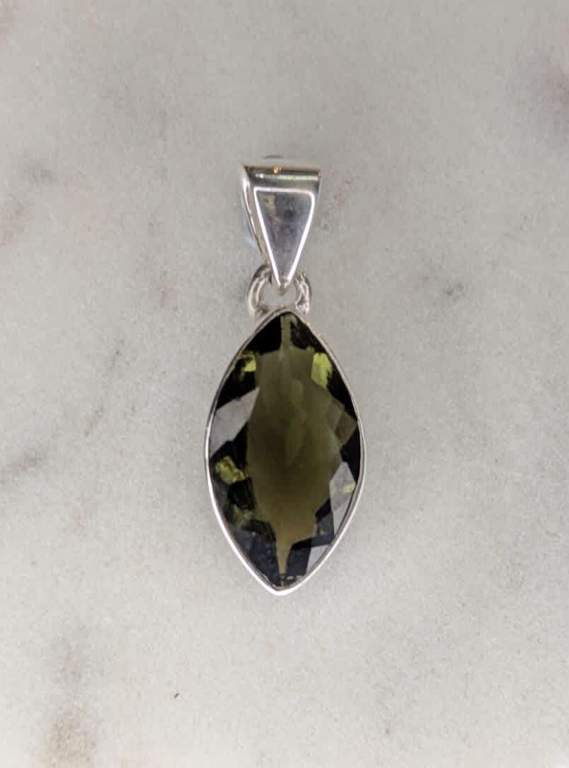 Moldavite Faceted Marquise Bezel Set Pendant