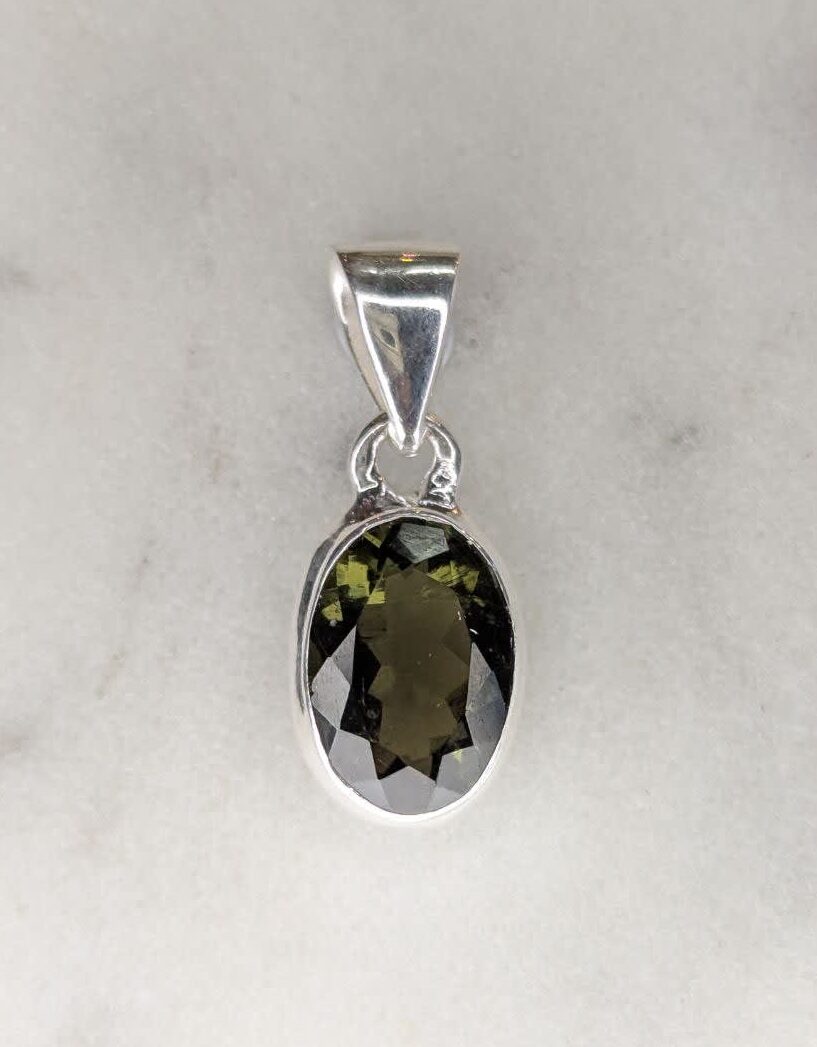 Moldavite Faceted Oval Bezel Set Pendant