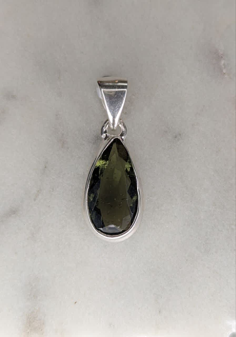 Moldavite Faceted Teardrop Bezel Set Pendant