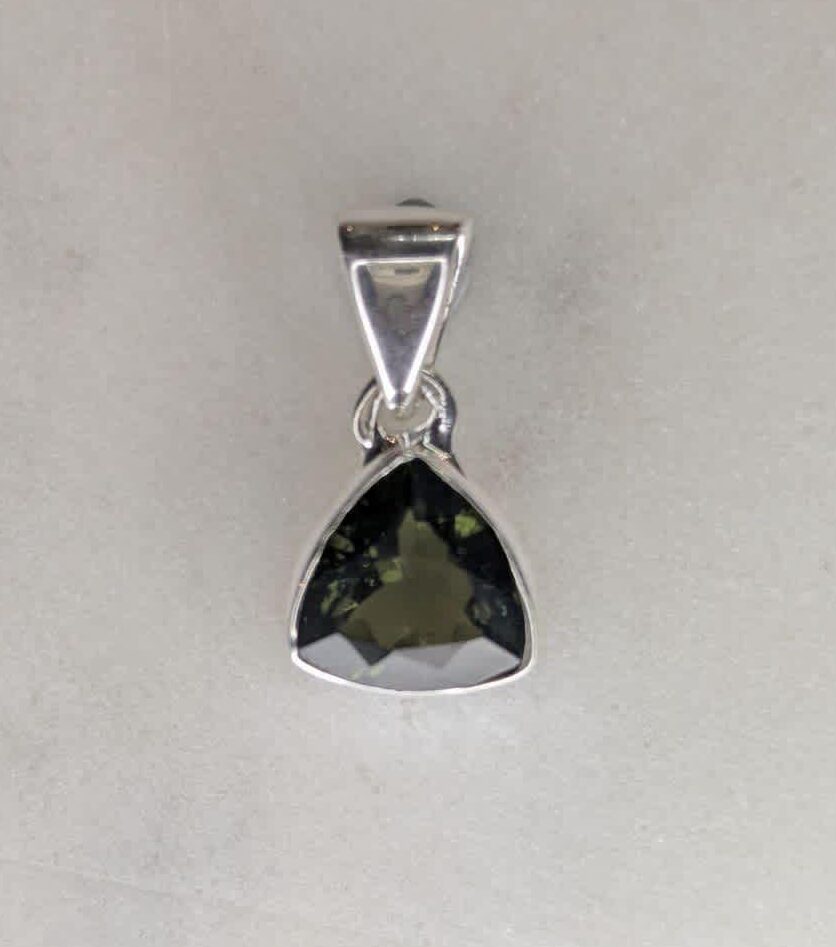 Moldavite Faceted Trillion Bezel Set Pendant