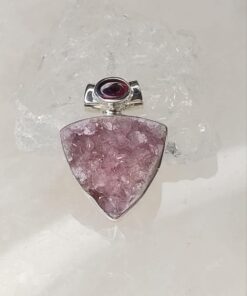 Cobaltian Calcite Druzy Teardrop Pendant with Garnet Oval Accent Bale