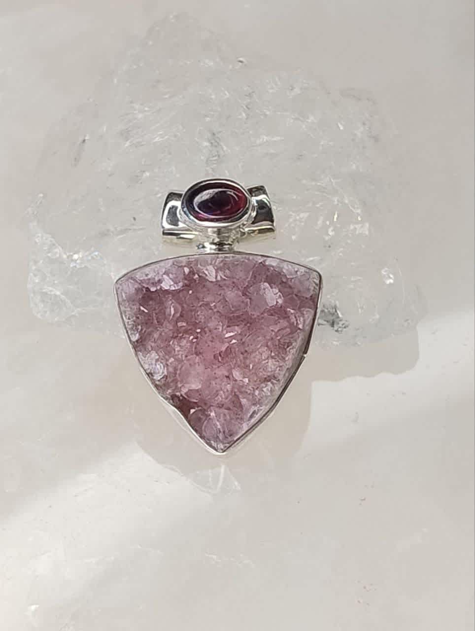 Cobaltian Calcite Druzy Teardrop Pendant with Garnet Oval Accent Bale