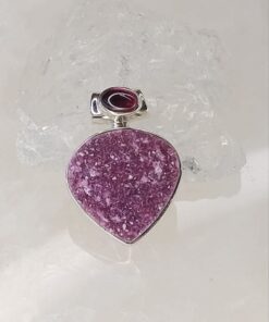 Cobaltian Calcite Druzy Inverted Teardrop Pendant with Garnet Oval Accent Bale