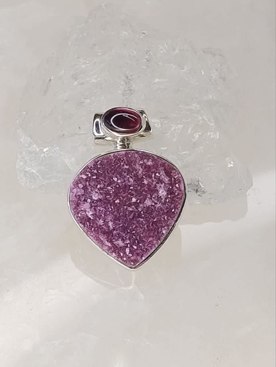 Cobaltian Calcite Druzy Inverted Teardrop Pendant with Garnet Oval Accent Bale