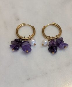 Fashion Jewellery: Amethyst and Pearl Gold Plated Huggies