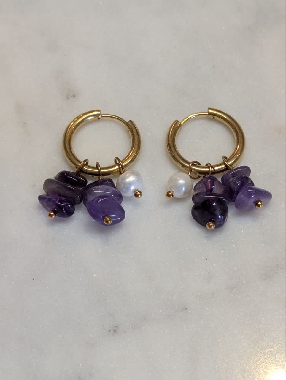 Fashion Jewellery: Amethyst and Pearl Gold Plated Huggies
