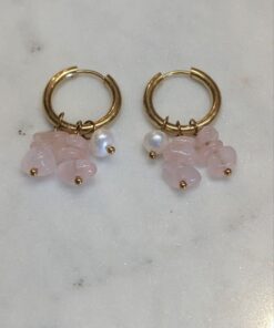 Fashion Jewellery: Rose Quartz and Pearl Gold Plated Huggies