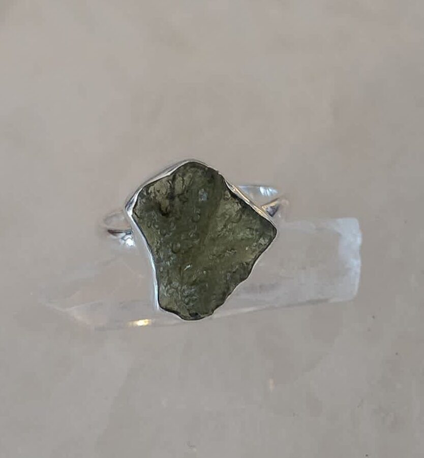 Moldavite Cabochon Natural Bezel Set Ring s7