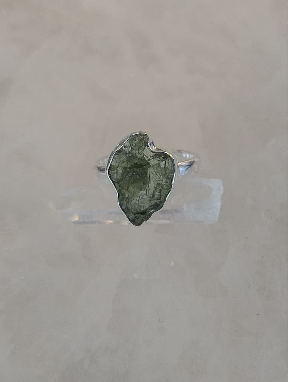 Moldavite Cabochon Natural Bezel Set Ring s8