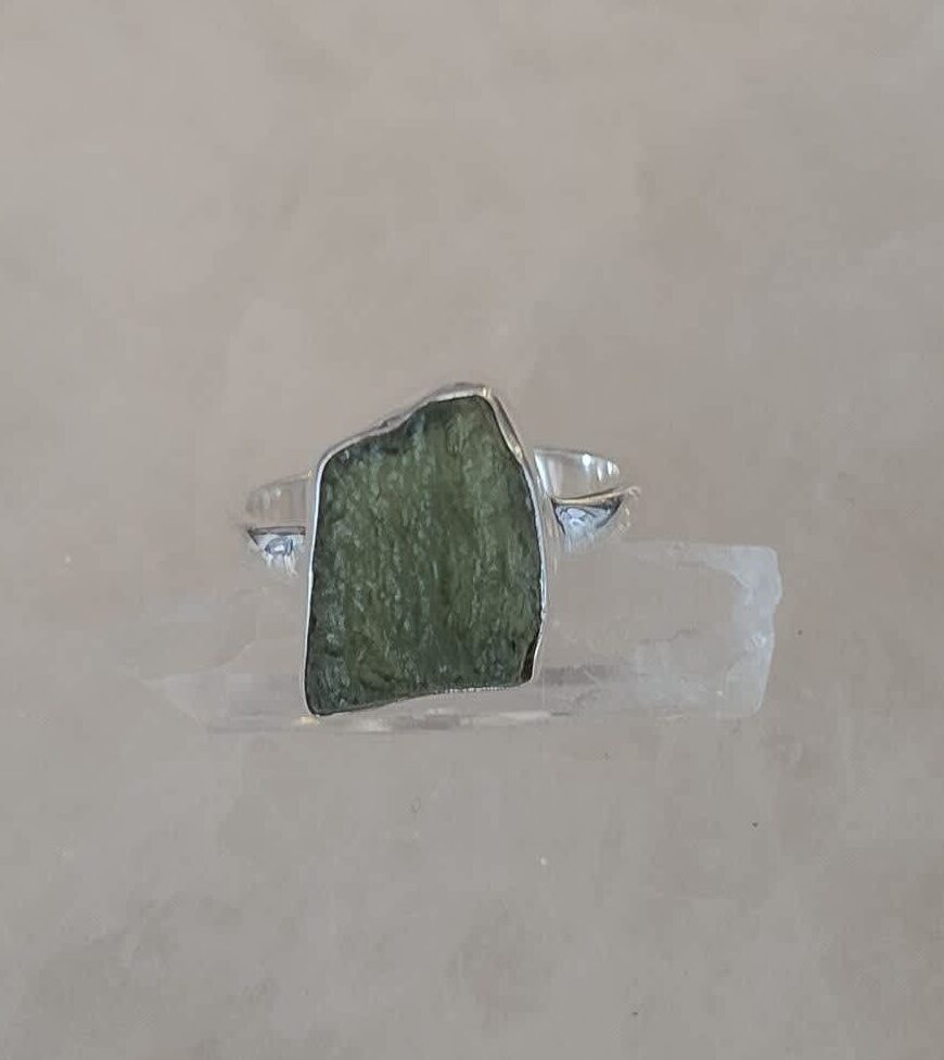 Moldavite Cabochon Natural Bezel Set Ring s8