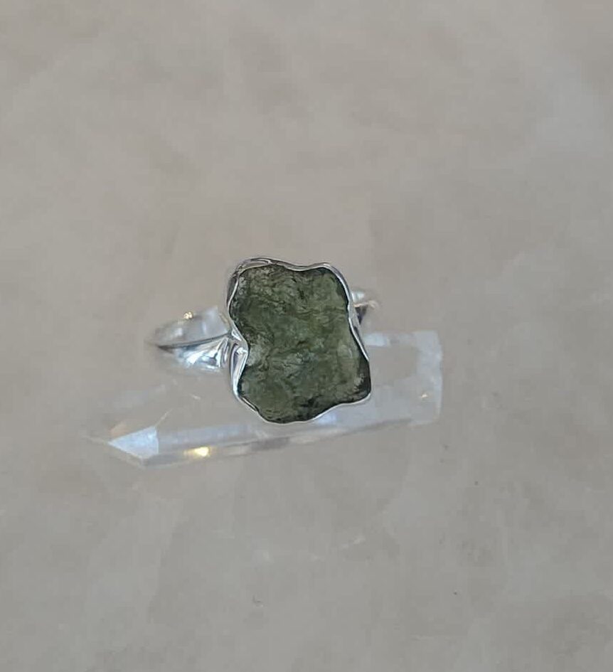 Moldavite Cabochon Natural Bezel Set Ring s9