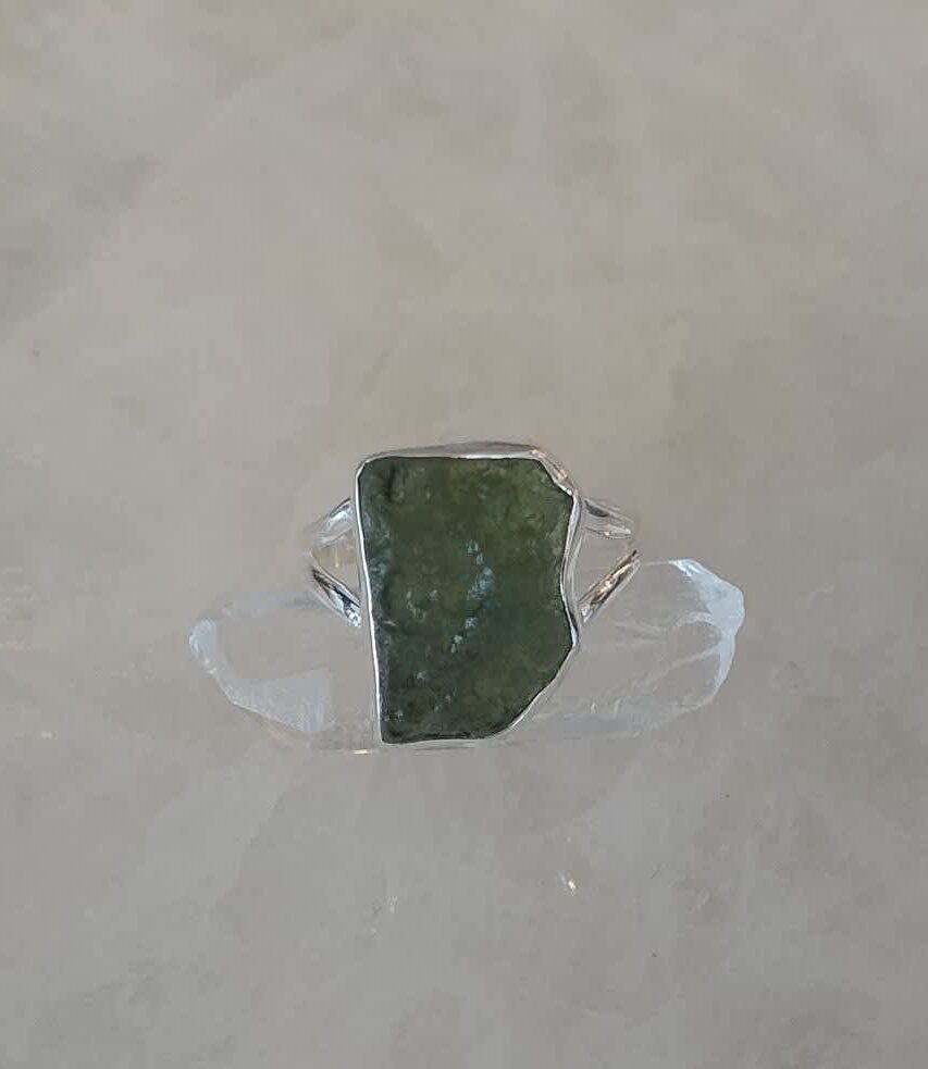 Moldavite Cabochon Natural Bezel Set Ring s8.5