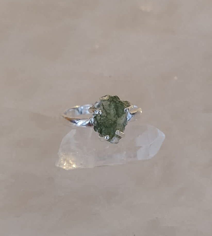 Moldavite Natural Claw Set Ring s8.5