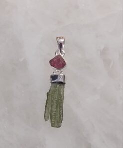 Moldavite Natural Pendant with Pink Tourmaline Accent
