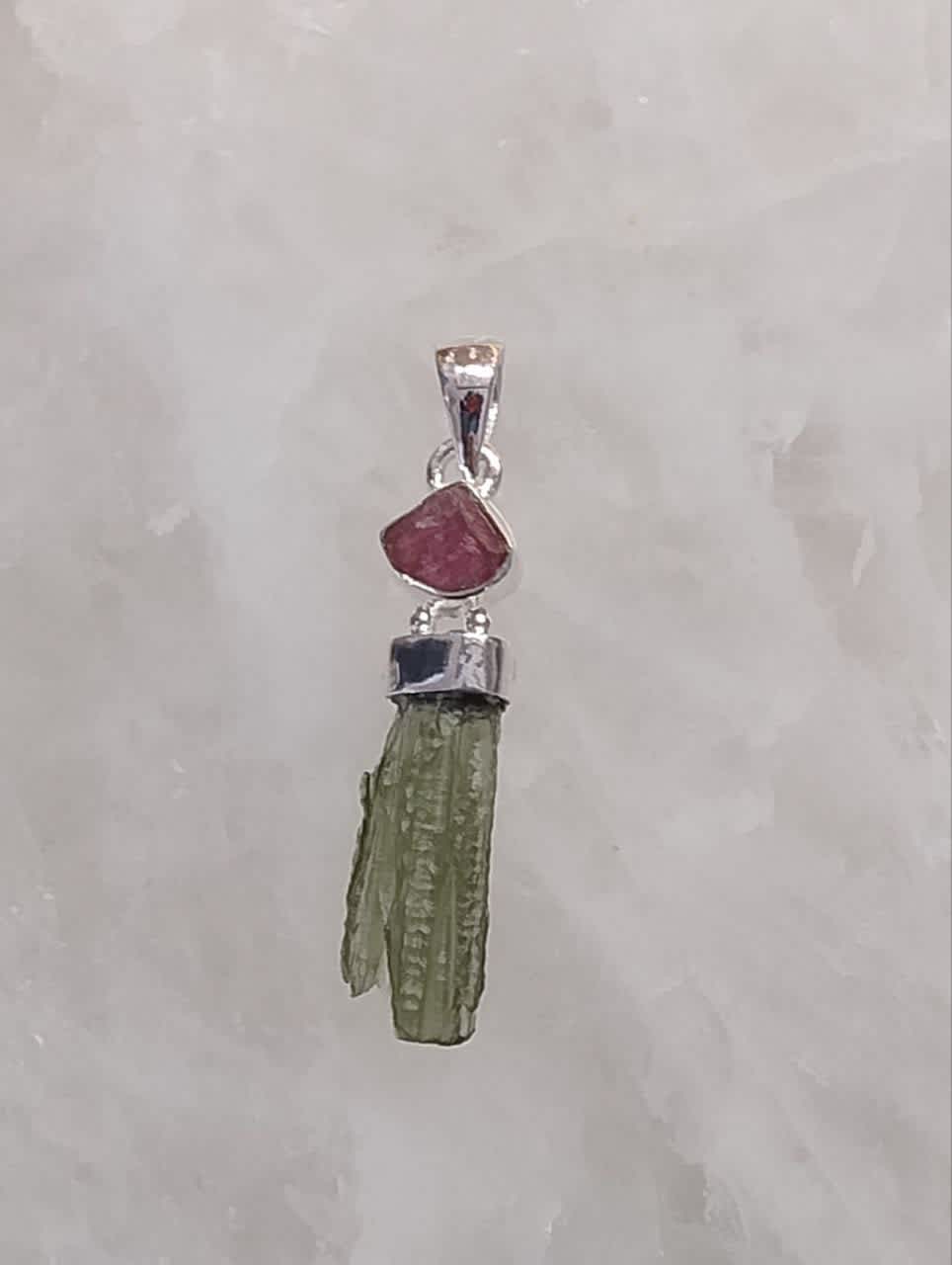 Moldavite Natural Pendant with Pink Tourmaline Accent