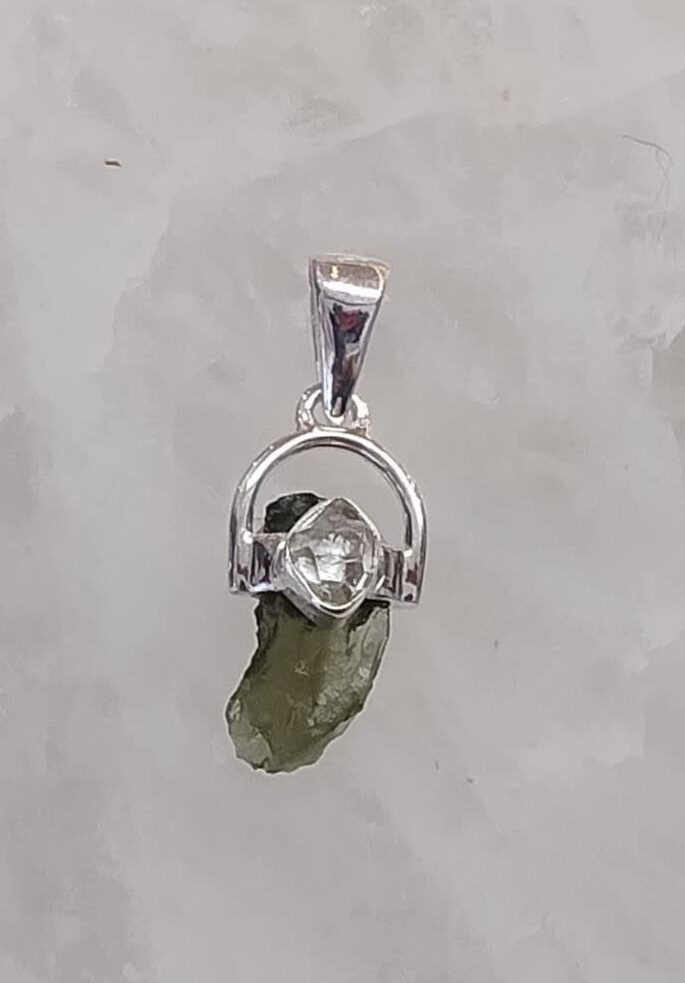 Moldavite Natural Pendant with Herkimer Diamond Accent