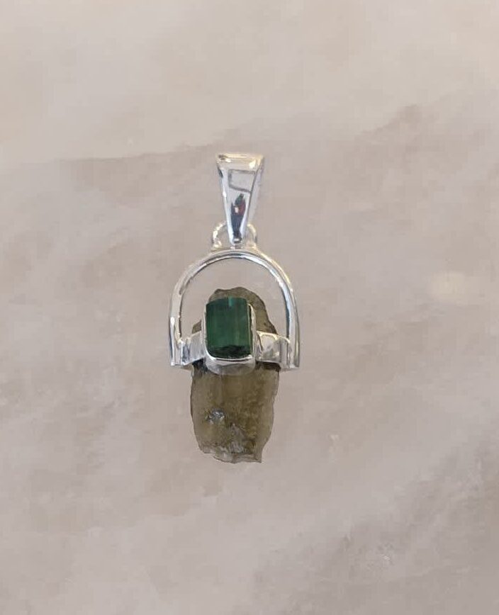 Moldavite Pendant with Green Tourmaline Accent