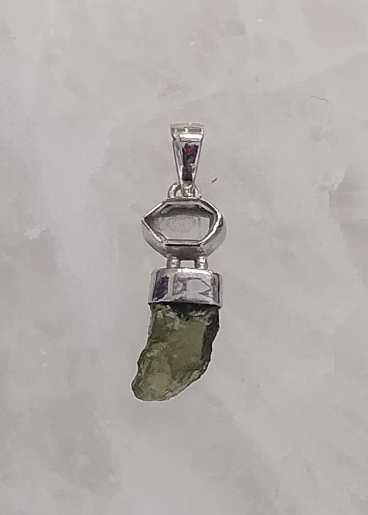 Moldavite Natural Pendant with Herkimer Diamond Accent