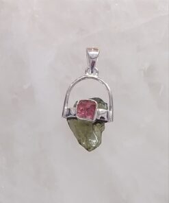 Moldavite Natural Pendant with Pink Tourmaline Accent