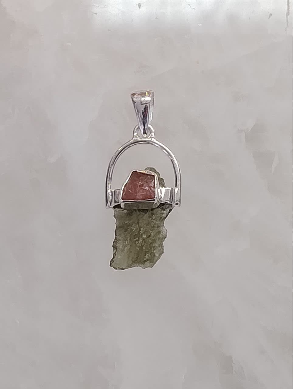 Moldavite Natural Pendant with Pink Tourmaline Accent