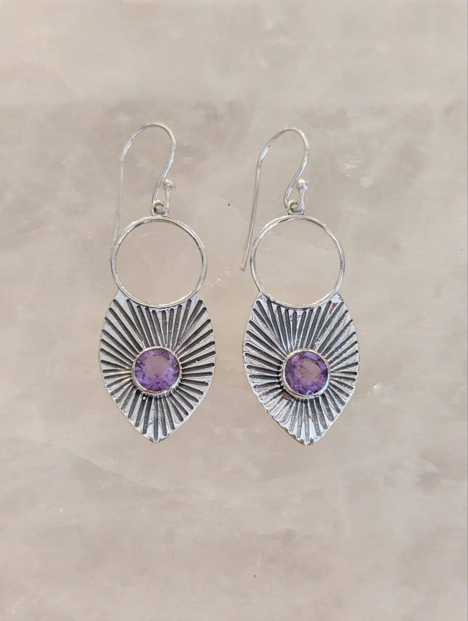 Amethyst Faceted Round Silver 'Sun' Drop Earring