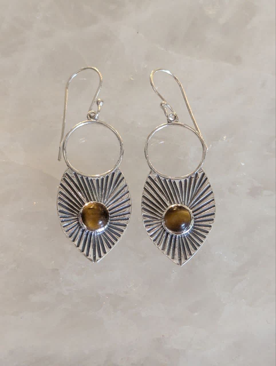 Tiger Eye Cabochon Round Silver 'Sun' Drop Earring