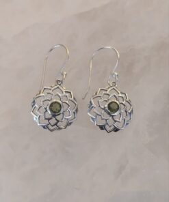 Moldavite Fac Round Mandala Lotus Flower Earrings