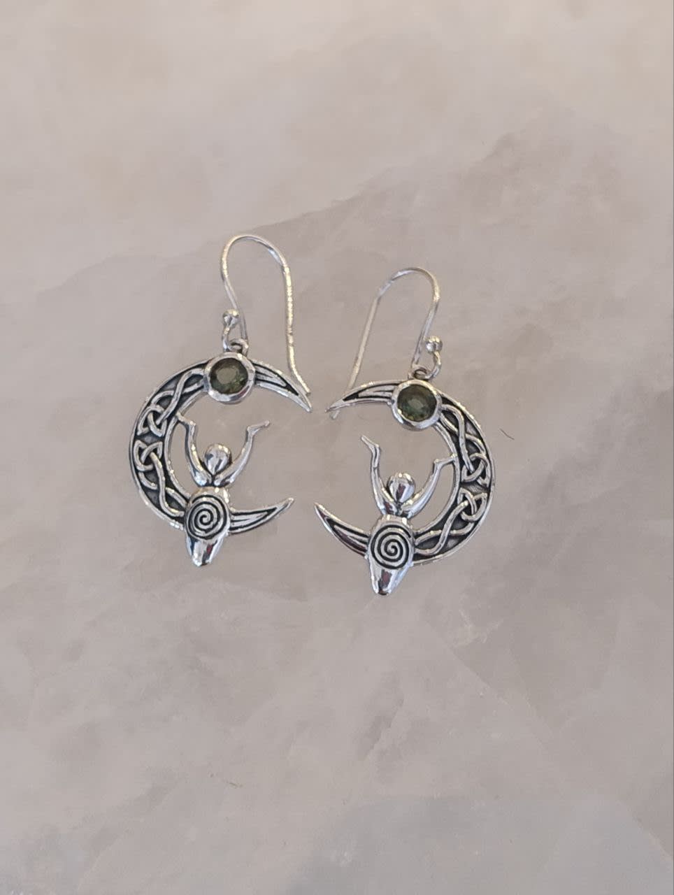 Moldavite Faceted Round Moon Goddess Earrings