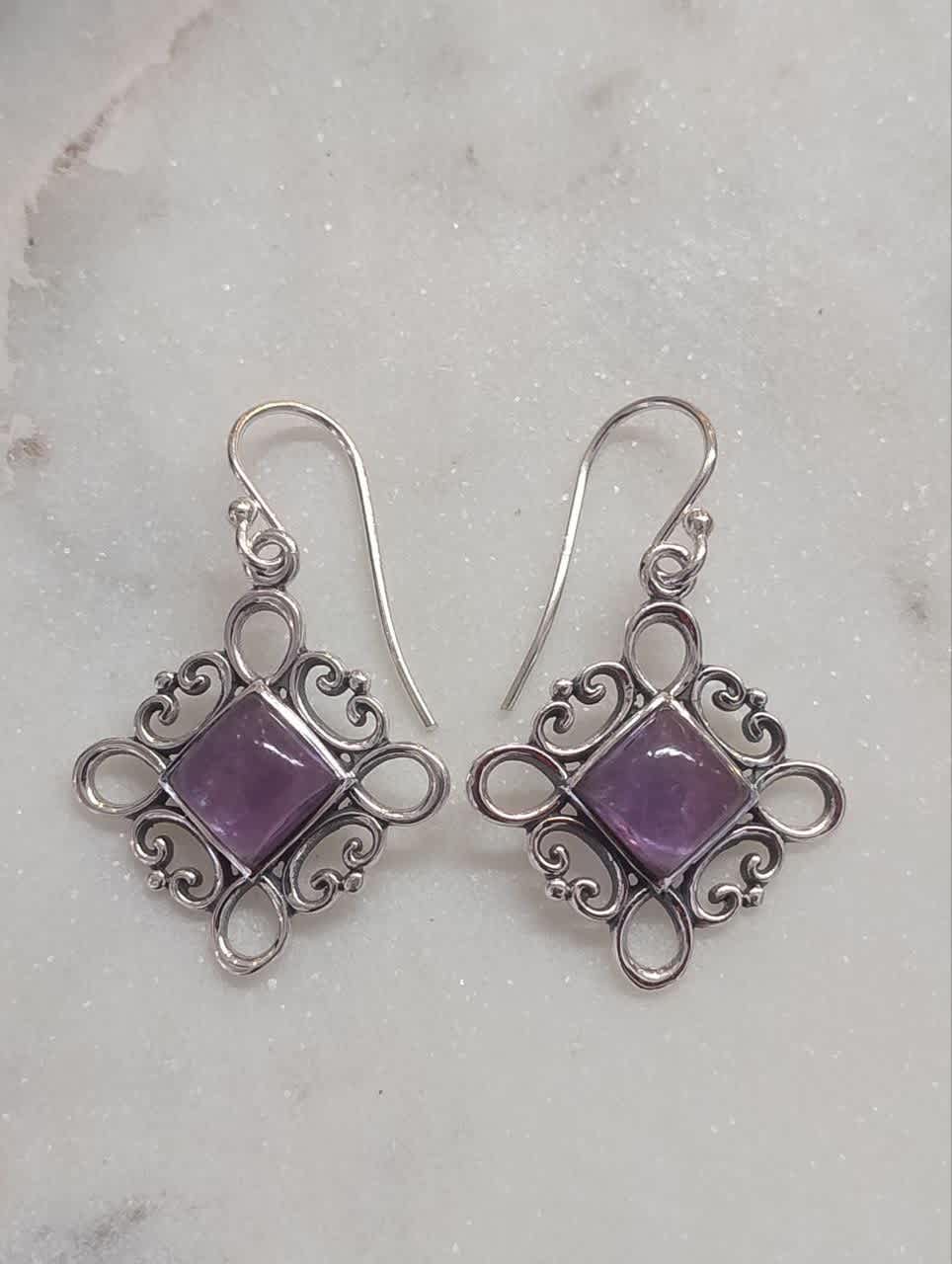 Amethyst Cabochon Square Earrings in Filagree Setting